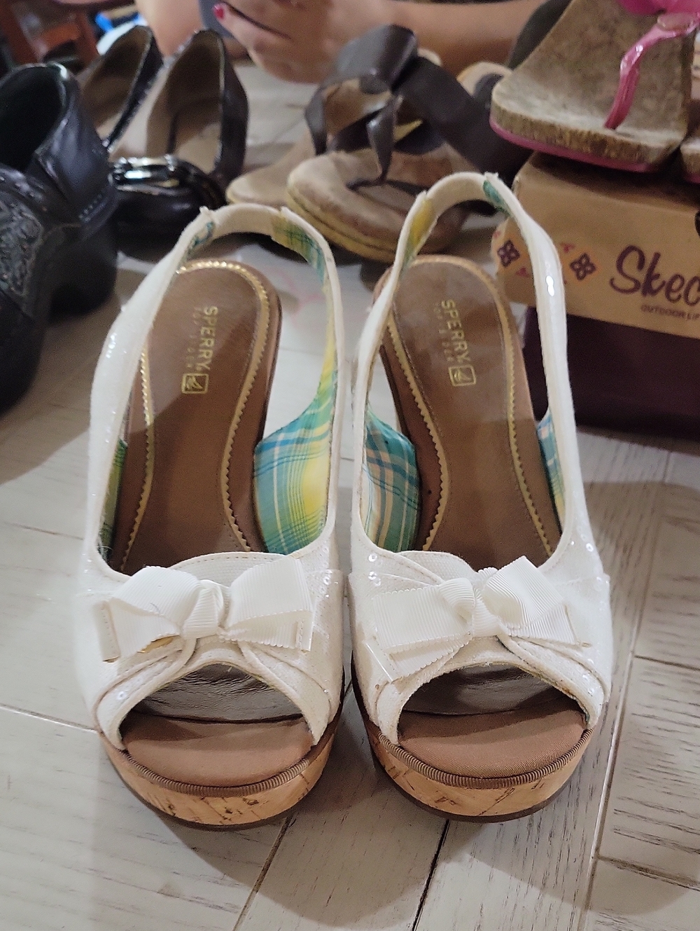 Sperry White Bow Peep-Toe Slingback Wedge Sandals